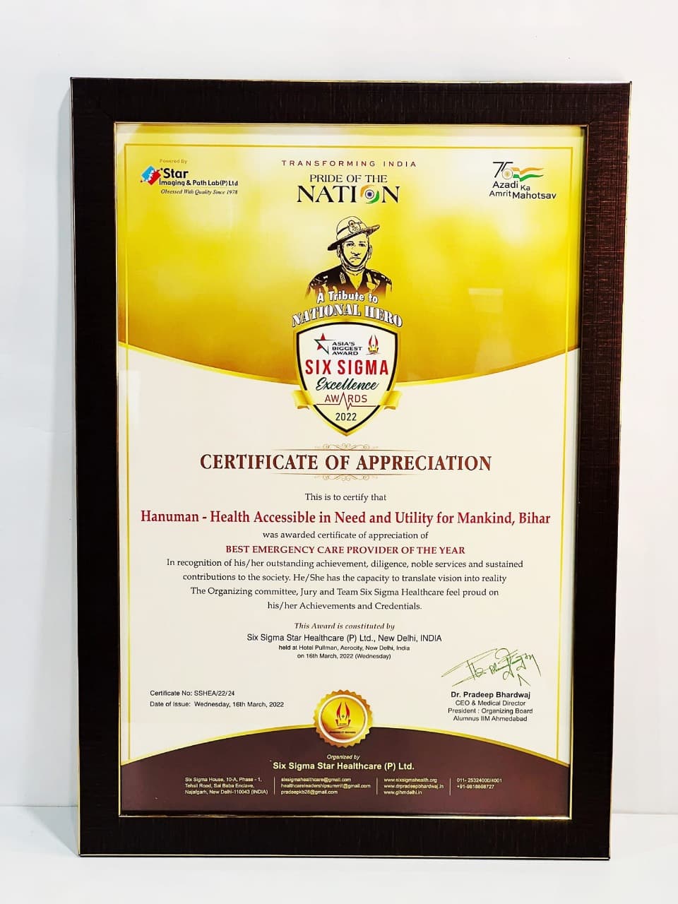 Hanuman care was awarded with Best emergency care provider of the year by Six Sigma Star Healthcare Pvt. Ltd.